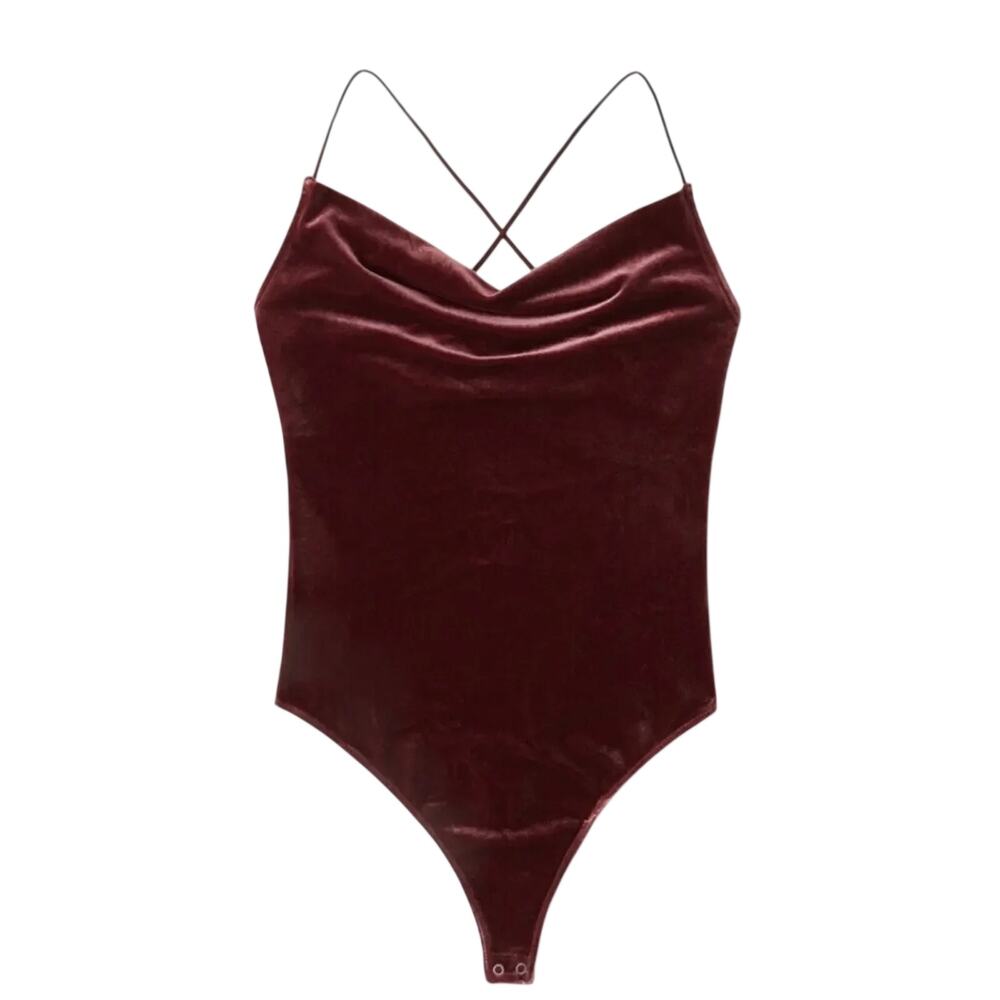 Abercrombie & Fitch Velvet Cowl Neck Bodysuit Burgundy Maroon Small